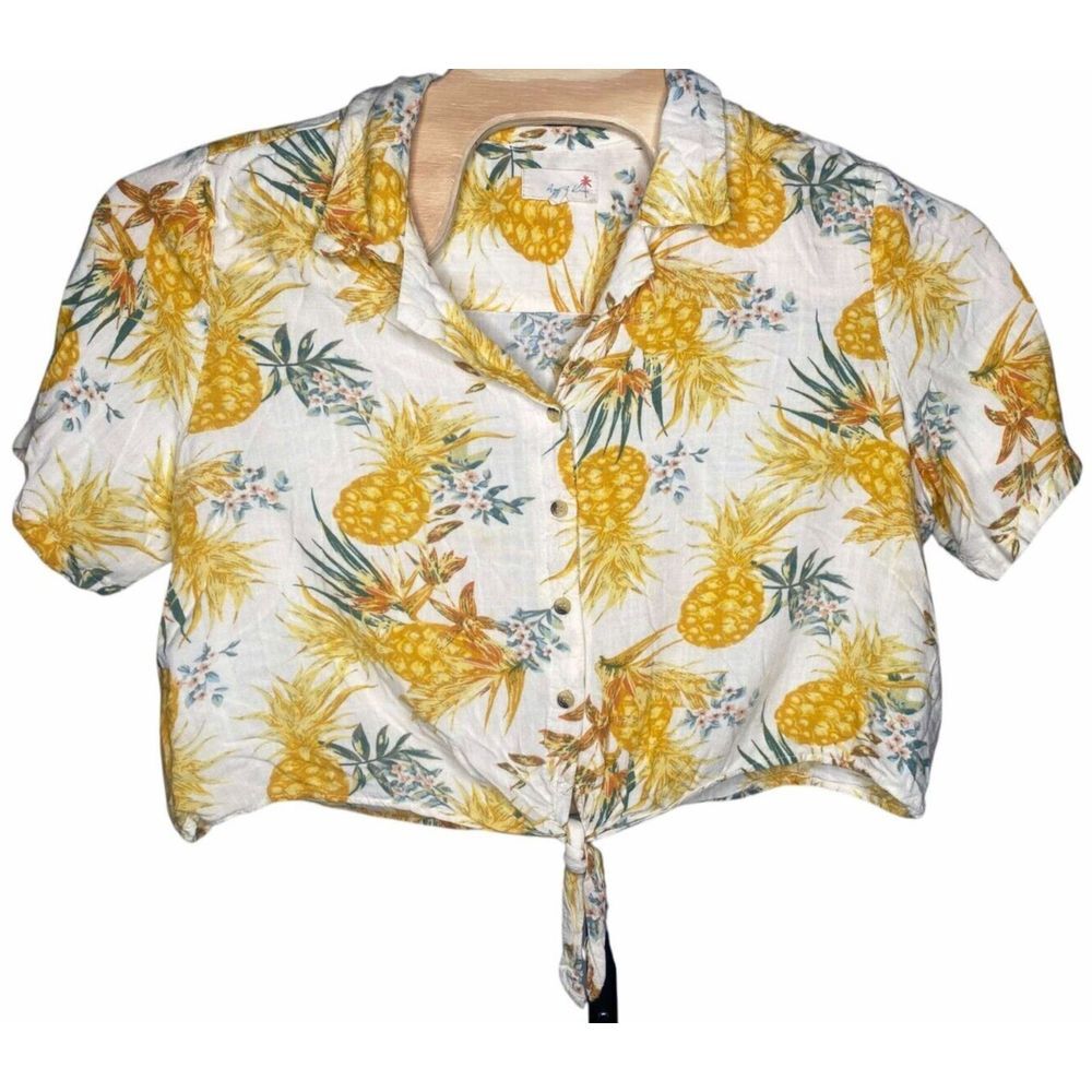 April Kiss blouse women's size XL‎ Linen blend Tie Front Button Down pineapple
